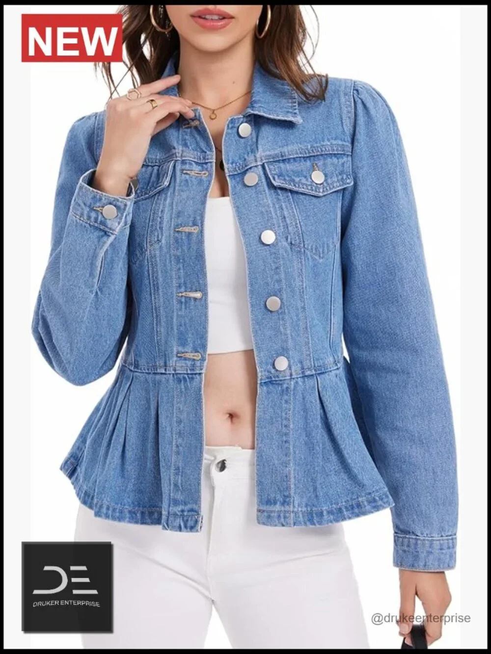 Ruffle Hem Peplum Denim Jacket Puff Sleeve Button Down